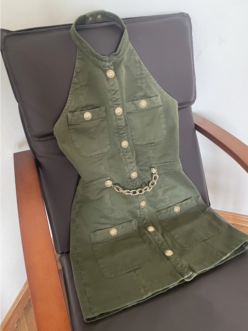 BALMAIN Military Green Khaki Cotton Halter Mini Dress with Gold Chain Belt - Picture 8 of 14